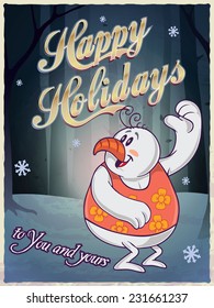 Fully editable vector illustration of  happy snowman in the foggy woods