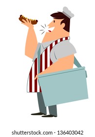A fully editable vector illustration of a hotdog vendor yelling with a hotdog in his hand for any fast food concept