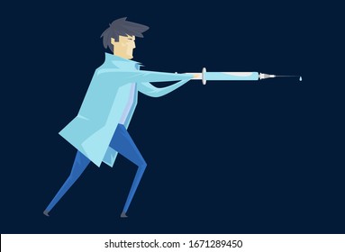 Fully editable vector illustration of a male health professional wielding a syringe to fight virus and diseases