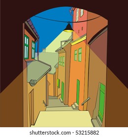 fully editable vector illustration of an old town by night