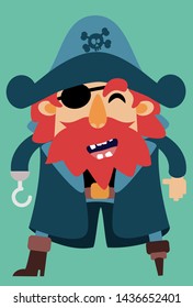 Fully editable vector illustration of a pirate with red hair, red beard, a wooden leg an eye-patch and a hook for a hand.