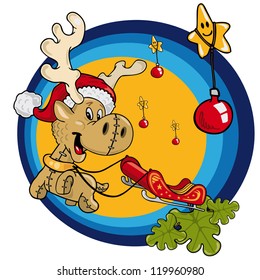 Fully editable vector illustration of reindeer pulling sleigh