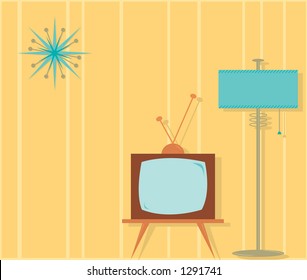 Fully editable vector illustration of a retro style TV room.