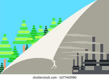 Fully editable vector illustration showing an individual changing from pollution and contamination to a healthy environment 