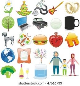 fully editable vector illustration of various items over white background