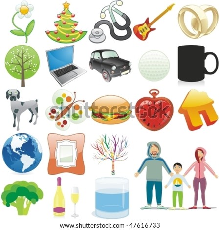 fully editable vector illustration of various items over white background