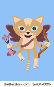 Fully editable vector illustration of a yellow cupid cat with his bow and arrows ready for Valentine’s day