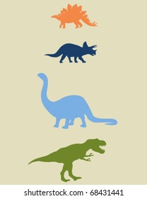 Fully editable vector illustrations of dinosaurs, including stegosaurus, triceratops, brachiosaurus or apatosaurus, and tyrannosaurus.