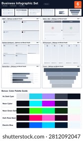 Fully editable vector infographic. Every text, shape, and color element can be independently modified, and it scales to any size without loss of quality. A premium bundle of professional infographic templates with a complete color palette guide. Fully layered, editable, and easy to recolor for any presentation. Calming, human-centred design for wellness, self-care, and mental health communication. Optimised for widescreen presentations (16:9 ratio). Cool slate and charcoal gray color palette with clean white space, timeless, minimal, and universally professional. Includes 6 customizable sections.