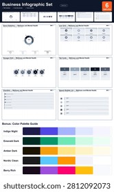 Fully editable vector infographic. Every text, shape, and color element can be independently modified, and it scales to any size without loss of quality. A premium bundle of professional infographic templates with a complete color palette guide. Fully layered, editable, and easy to recolor for any presentation. Calming, human-centred design for wellness, self-care, and mental health communication. Optimised for widescreen presentations (16:9 ratio). Cool slate and charcoal gray color palette with clean white space, timeless, minimal, and universally professional. Includes 6 customizable sections.