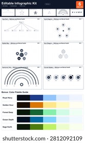 Fully editable vector infographic. Every text, shape, and color element can be independently modified, and it scales to any size without loss of quality. A premium bundle of professional infographic templates with a complete color palette guide. Fully layered, editable, and easy to recolor for any presentation. Calming, human-centred design for wellness, self-care, and mental health communication. Optimised for widescreen presentations (16:9 ratio). Cool slate and charcoal gray color palette with clean white space, timeless, minimal, and universally professional. Includes 6 customizable sections.