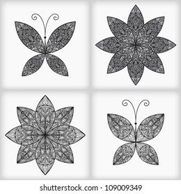  fully editable vector set with 2 Butterflies and 2 Flowers, elements can be used separately