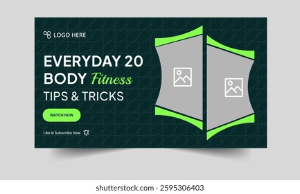 Fully editable vector thumbnail design, body fitness and yoga training tips and tricks video cover banner design, fitness gym class techniques video thumbnail
