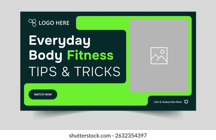 Fully editable vector thumbnail design, body fitness and yoga training tips and tricks video cover banner design, fitness gym class techniques video thumbnail