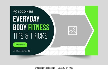 Totalmente editável vetor miniatura design, fitness do corpo e ioga treinamento dicas e truques vídeo capa banner design, fitness ginásio classe técnicas vídeo miniatura