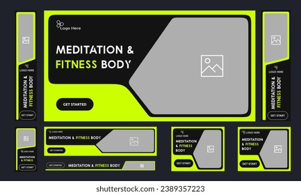 Fully editable vector website banner design for social media posts, fitness body, meditation training web bundle banner design, vector eps 10 file format