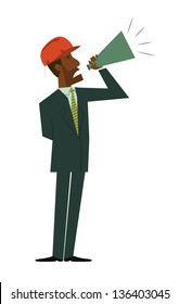 A fully editable vertical illustration of an architect or worker shouting out through a megaphone on his hand for any corporate concept