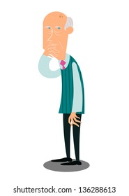 A fully editable vertical illustration of a senior male standing distrustful and observing his environment