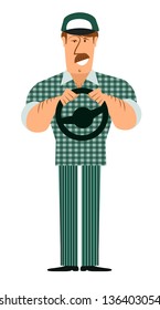a fully editable vertical illustration of a truck driver holding his driving wheel in front of himself for any driving or transportation concept