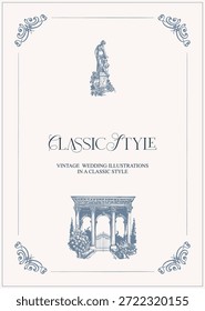 Komplett editierbares Hochzeitsdesign im klassischen Stil. Flache, digitale Liniendarstellung in einem handgezeichneten monochromen Farbschema. Vektorgrafik