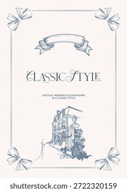 Komplett editierbares Hochzeitsdesign im klassischen Stil. Flache, digitale Liniendarstellung in einem handgezeichneten monochromen Farbschema. Vektorgrafik