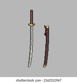 Vollständig bearbeitete Pixelkunst-farbige Katana-Schwertwaffe einzeln auf weißem Hintergrund für
Spiele, mobile Anwendungen, Plakatdesign und gedruckte Verwendung.