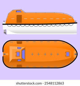 Barco De Vida Totalmente Fechado. Perfil lateral e superior de um barco salva-vidas completamente fechado normalmente encontrado em um navio-tanque. Ilustração isolada de vetor.