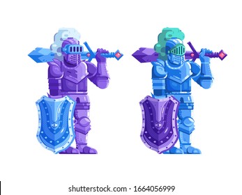 Fully equipped fantasy knight in armor and helmet holding magic shield and sword. RPG game warrior ready for battle. Heroic adventure character in flat design.