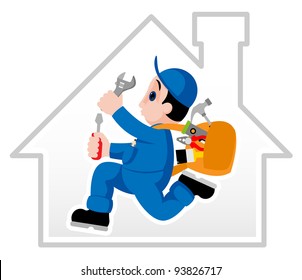 Fully equipped handyman hurrying on his assignment