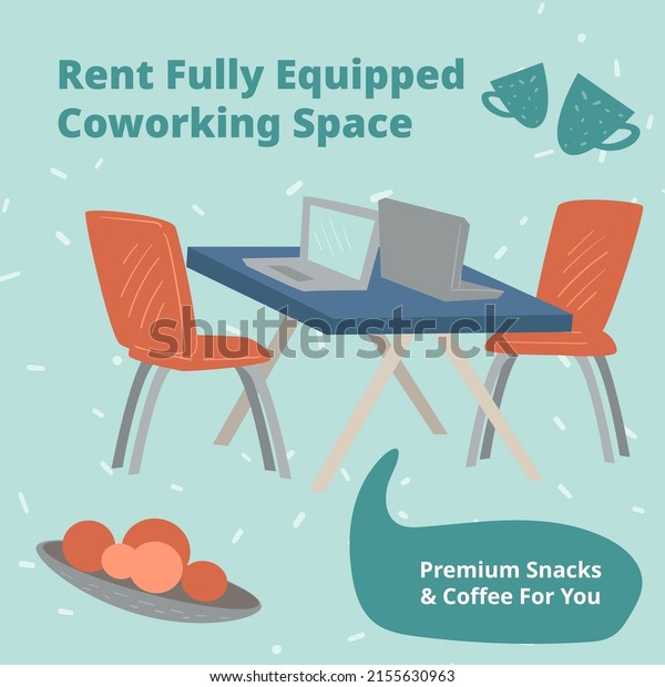 Fully equipped and renovated coworking space for\
employees. Premium snacks and coffee for you. Desk with laptop and\
comfortable chair. Office for workers, modern workspace. Vector in\
flat style