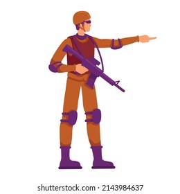 Fully equipped soldier pointing with finger semi flat color vector character. Standing figure. Full body person on white. Simple cartoon style illustration for web graphic design and animation