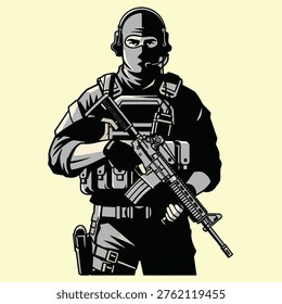 Fully equipped tactical soldier in black balaclava, headset, and vest, holding a modern assault rifle in a bold vector style