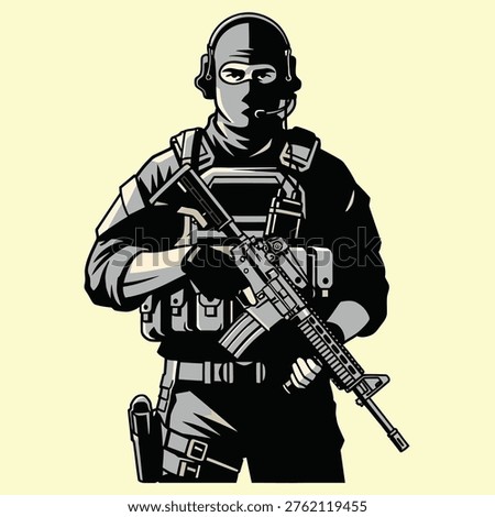 Fully equipped tactical soldier in black balaclava, headset, and vest, holding a modern assault rifle in a bold vector style