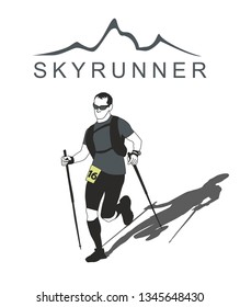 Fully equipped trail runner man with sticks runs down of mountains