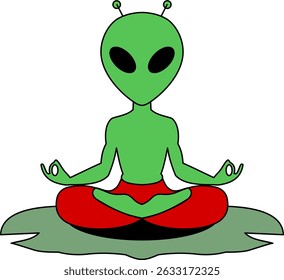 fully hand traced and modified vector of a green alien meditating in a yoga pose on a lily pad