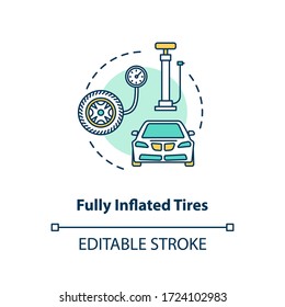 Fully inflated tire concept icon. Auto mechanic service. Tyre pressure control with tools. Gas station idea thin line illustration. Vector isolated outline RGB color drawing. Editable stroke