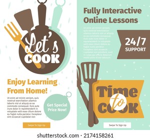 Clases en línea totalmente interactivas, tiempo de cocina, aprendiendo de casa. Preparar consejos de profesionales. Platos de cocina y recetas. Banner promocional de publicidad, vector de estilo plano