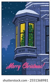 A fully lit Christmas tree in front of a window.