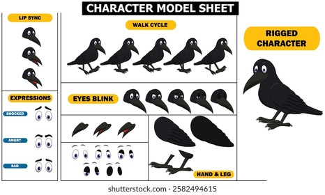 Fully Rigged Crow Sprite Sheet | Flying, Walking, Idle | Hand Sync, Eyebrow Expressions, Lip Sync  Eye Blink