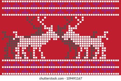 Fully scalable vector background (Illustrator 10.0 version) of scandinavianÃ¢Â?Â?like theme of two reindeers made with squares on the red background with their shadows beneath them.