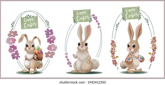 Ilustración vectorial totalmente escalable de lindos conejillos con huevos de Pascua, marcos, flores y feliz banner de mensaje de Pascua. 