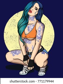 Fully tattooed sexy girl in old school style with long hair .Vector detailed illustration. Classic vintage tattoos ink on body of swallow, birds, ice cream cone , perfume, roses and butterfly 