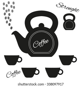Fully vector coffeepot made from kettlebell with kettlebell and set of cups