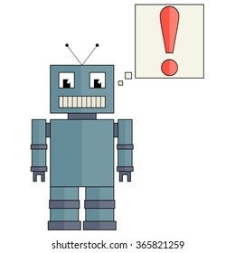 Fully vector funny robot with red exclamation mark, flat design