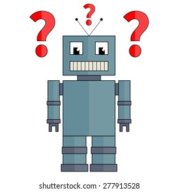 Fully vector robot with red question marks, flat design