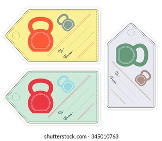 Fully vector set of Christmas gift tags in various colors with kettlebell