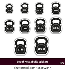 Fully vector Set of Kettlebells stickers, various weights (lb's)