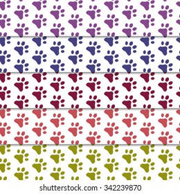 Fully vector set seamless pattern with cats footprints, creamy colors