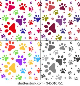 Fully vector set of seamless patterns with cats footprints, various colors