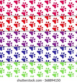 Fully vector set of seamless patterns with cats footprints, bright colors